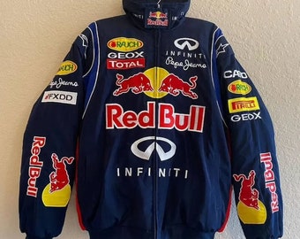 Formula F1 Jacket-Formula F1 Retro Cotton Fully Embroidered Red Bull Racing Jacket, Street Style Adult Jacket For Both Men And Women