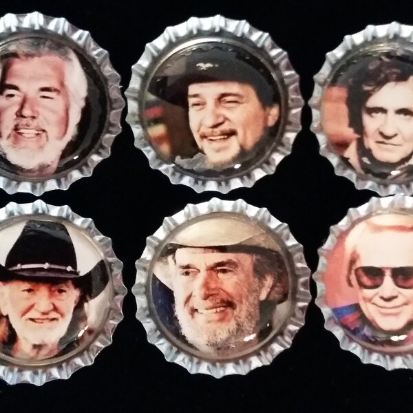 Six Favorite Classic Male Country Singers In 1" Silver Bottle Caps Magnets