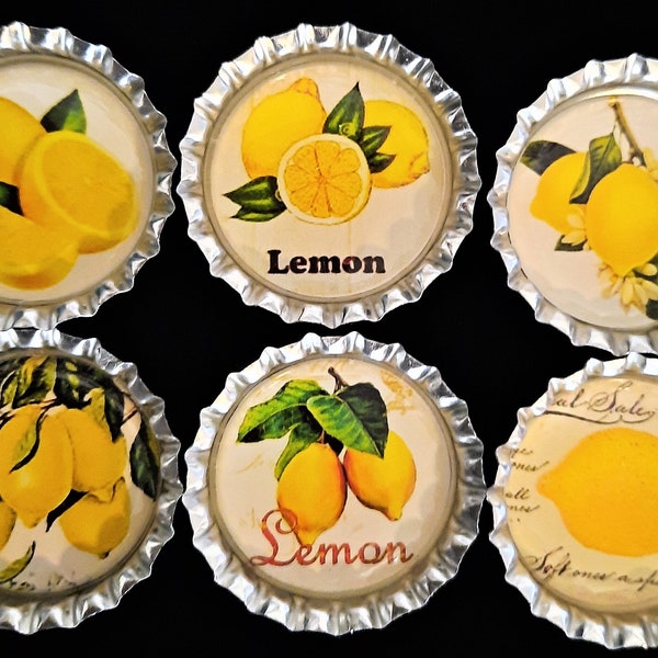 Six Vintage Lemons In 1" Silver Bottle Caps Magnets