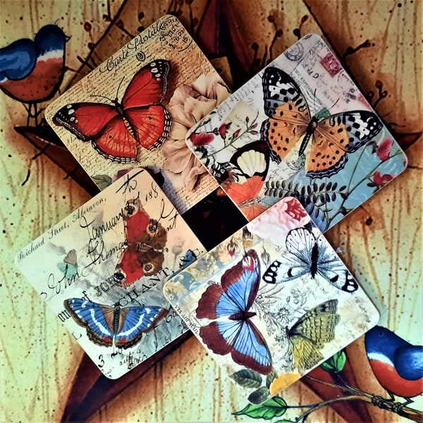 Set of Four Vintage Butterflies Decoupaged Wooden Drink Coasters 4" Square