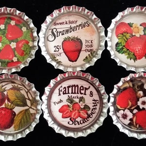 Six Vintage Strawberries Images In 1" Silver Bottle Cap Magnets