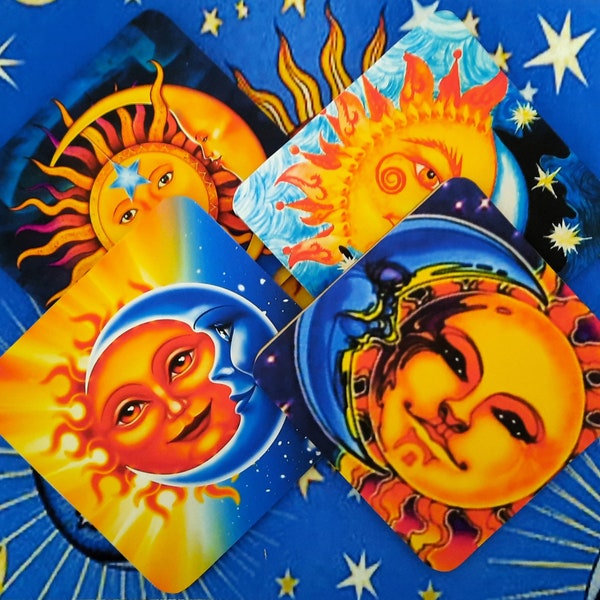 Set of Four Sun, Moon and Stars Decoupaged Wooden Drink Coasters 4" Sauare