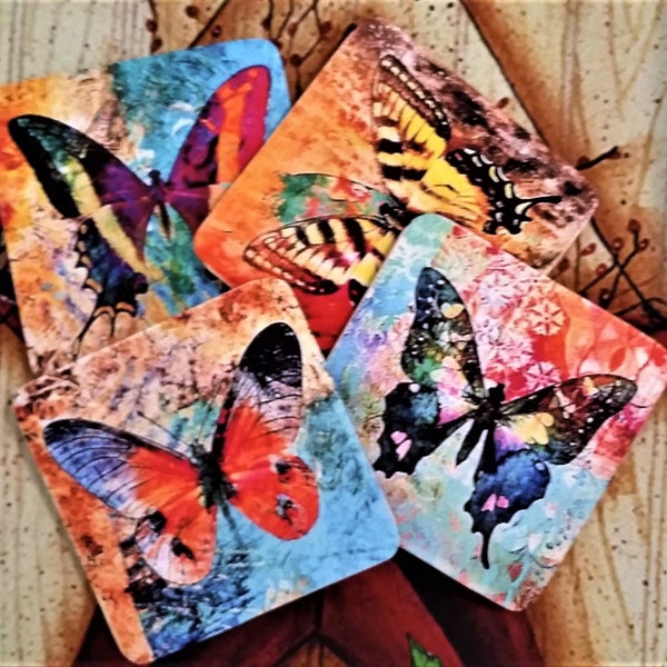 Set of Four Super Colorful Butterflies Decoupaged Wooden Coasters 4" Square