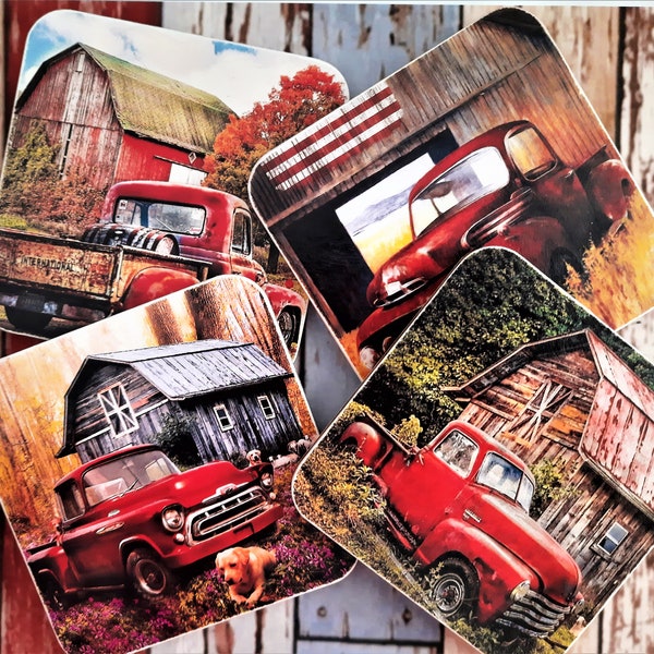 Set of Four Old Vintage Red Trucks With Barns Decoupaged Wooden Drink Coasters 4" Square