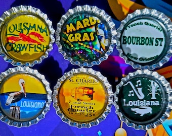 Six Louisiana (New Orleans, Mardi Gras) Images In 1"  Silver Bottle Caps Magnets