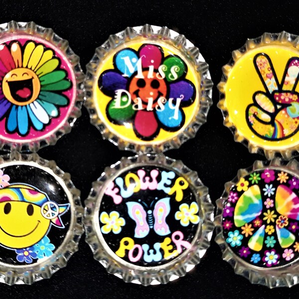 Six Colorful Hippie Flower Peace Signs Images In 1" Silver Bottle Caps Magnets