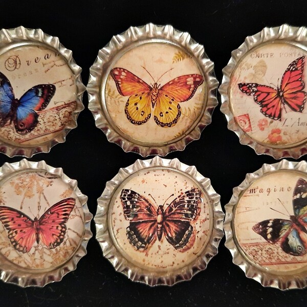 Six Vintage Butterflies In 1" Silver Bottle Caps Magnets