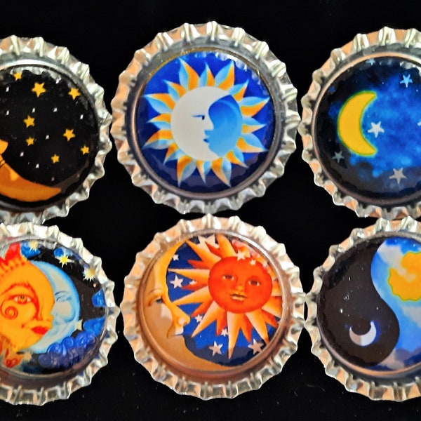 Six Sun Moon Stars In 1" Silver Bottle Cap Magnets