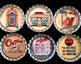 Six Vintage 50's Diner Images In 1" Silver Bottle Caps Magnets