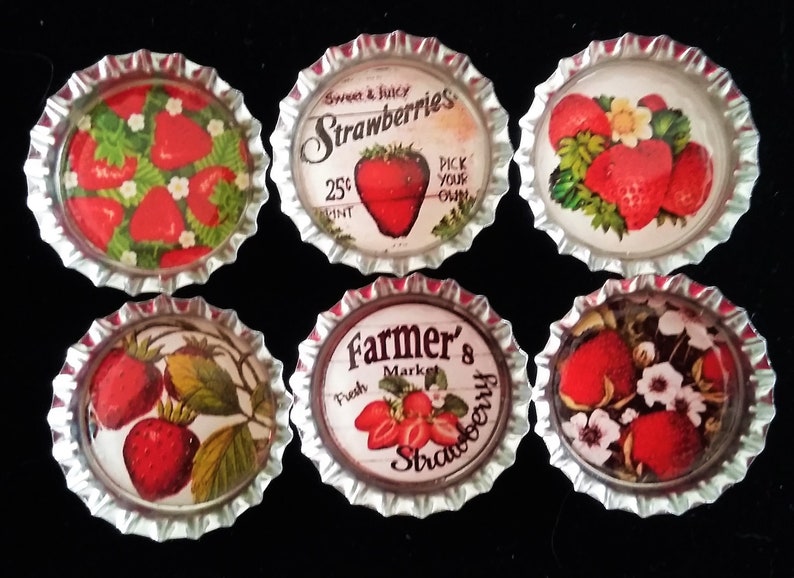 Six Vintage Strawberries Images In 1 Silver Bottle Cap Magnets Bild 5