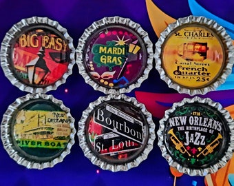 Set Of Six New Orleans/Mardi Gras  Images In 1"  Silver Bottle Caps Magnets