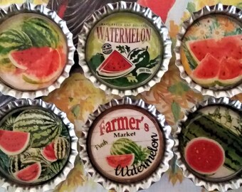 Six Delicious Watermelons In 1" Silver Bottle Caps Magnets