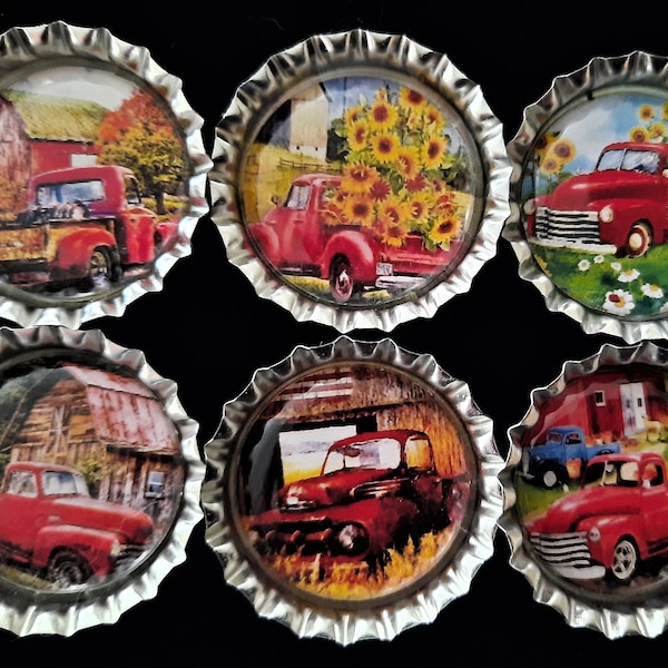 Six Vintage Red Trucks In 1" Silver Bottle Caps Magnets