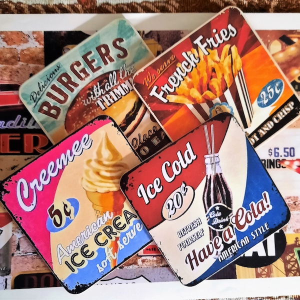 Set of 4 Retro 50's Diner Decoupaged Wooden Drink Coasters 4" Square