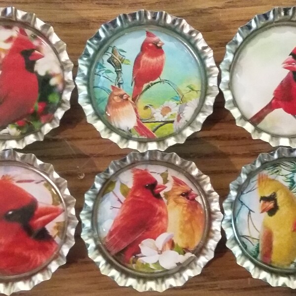 Six Cardinals In 1" Silver Bottle Cap Magnets