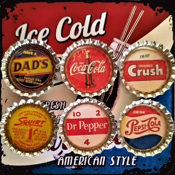 Six Vintage Soda Pop Images  In 1" Silver Bottle Caps Magnets