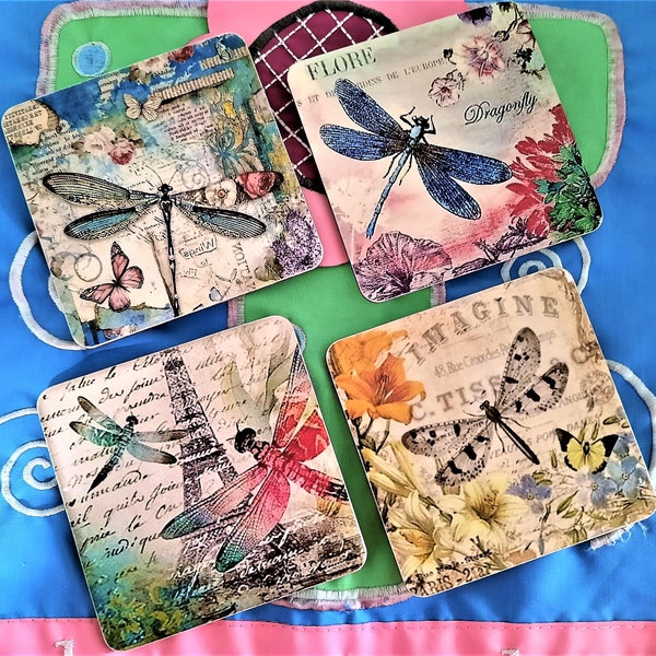 Set of Four Beautiful Dragonfly Decoupaged Wooden Drink Coasters 4" Square
