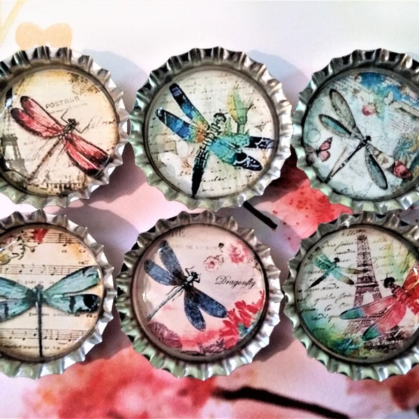 Six Vintage Dragonflies In 1" Silver Bottle Caps Magnets