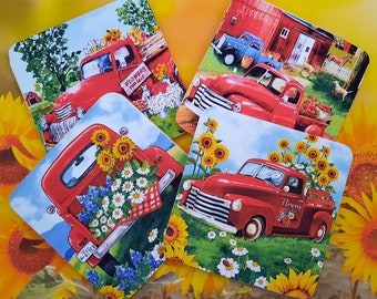 Set of 4 Vintage Red Trucks, Lots of Sunflowers and Some Fruit Decoupaged Wooden Drink Coasters 4" Sq