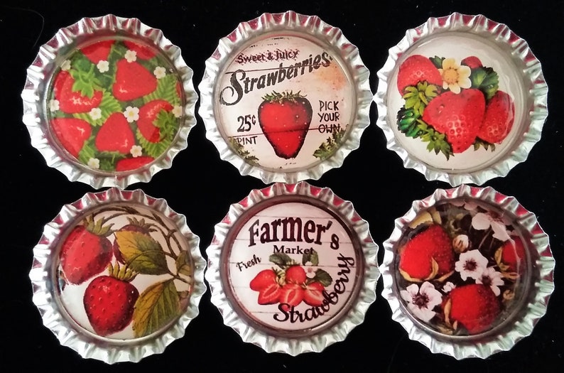 Six Vintage Strawberries Images In 1 Silver Bottle Cap Magnets Bild 3