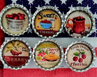 Six Vintage Cherries In 1"  Silver Bottle Caps Magnets