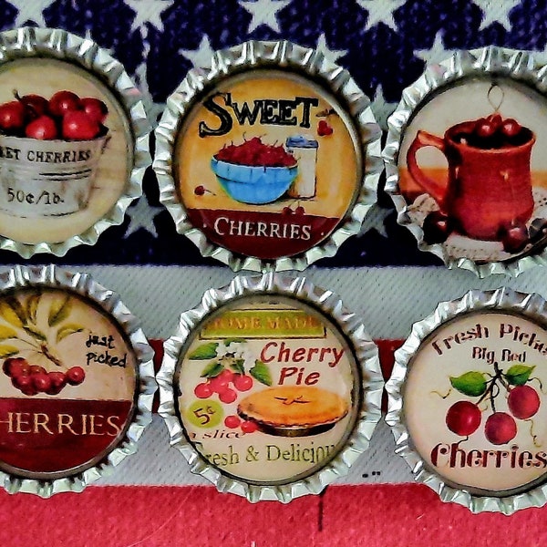 Six Vintage Cherries In 1"  Silver Bottle Caps Magnets