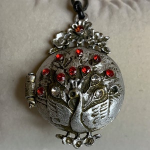 Silver Peacock Locket Necklace, leather strap with clasps, boho style