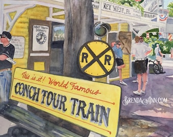 Key West Conch Train Bench - Hand Signed Archival Watercolor Print Wall Art by Brenda Ann