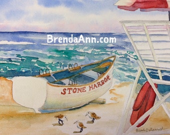 Stone Harbor NJ Watercolor Wall Art: Lifeguard Boat on the Beach New Jersey Shore Watercolor Print Great for Keepsake Gift or Home Decor