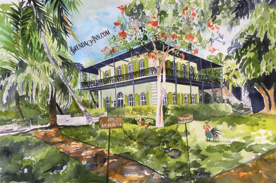 Key West Wall Art of Hemingway Home & Museum Watercolor Print Coastal
