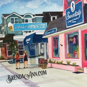 Avalon NJ Wall Art - Watercolor Print of Avalon Freeze Cafe Loren and Serendipity Shops: Great New Jersey Home Decor for Keepsake Gift