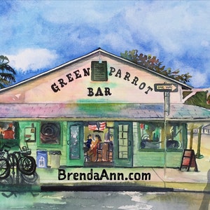 Key West Watercolor Print of Green Parrot Bar Florida Keys Wall Art Tropical Charm Vibrant Style Relive Vacation Memories