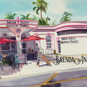 Key West FLA Watercolor Wall Art Print of Eaton Street Seafood Market: Florida Keys Tropical Home Decor Relive Vacation Memories