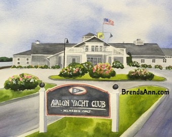 Avalon NJ Wall Art Watercolor Print of Avalon Yacht Club New Jersey Wedding Gift or Home Decor Island Style Relive Vacation Memories