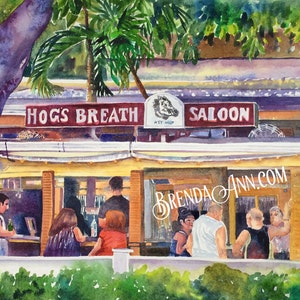 Key West Watercolor Wall Art Print of Hog&#39;s Breath Saloon Florida Keys Tropical Vibrant Style Relive Vacation Memories