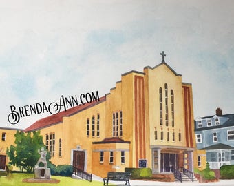 St. Paul Church Watercolor Wall Art Stone Harbor, NJ - Celebrate a Wedding with this Saint Paul Giclee Print Gift for Bride and Groom