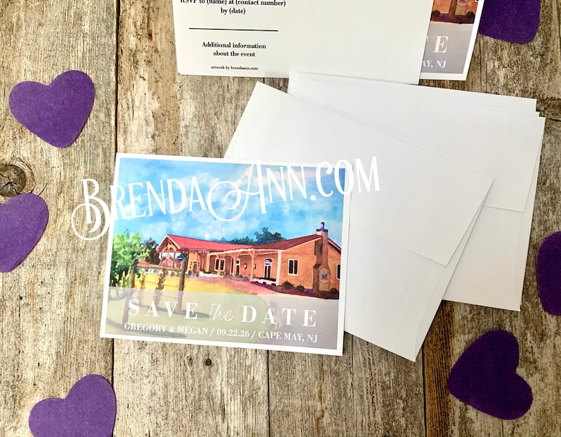 Wedding Save the Date Cards Watercolor Save the Dates by Brenda Ann NJ Willow Creek Winery in Cape May