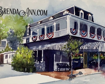 Cape May NJ Watercolor Wall Art Print: The Merion Inn - Great for New Jersey Summer Vacation Souvenir, Wedding Gift, or Home Decor