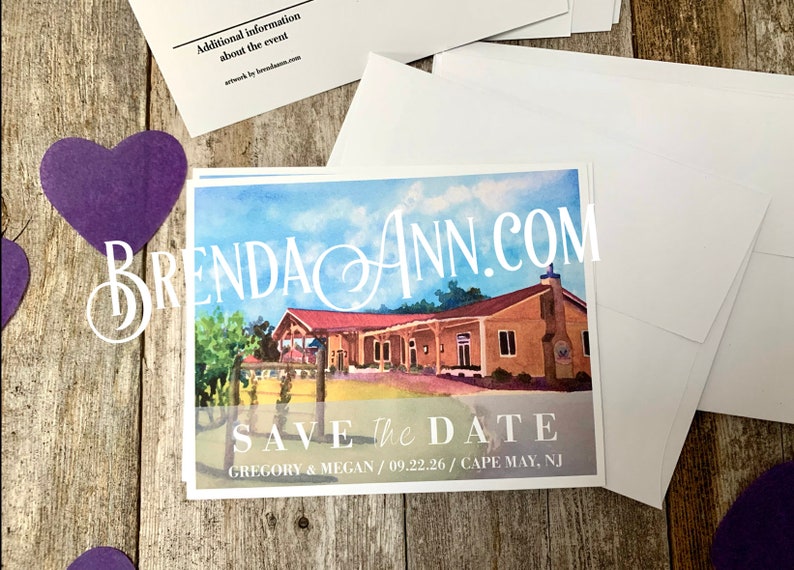 Wedding Save the Date Cards Watercolor Save the Dates by Brenda Ann NJ Willow Creek Winery in Cape May