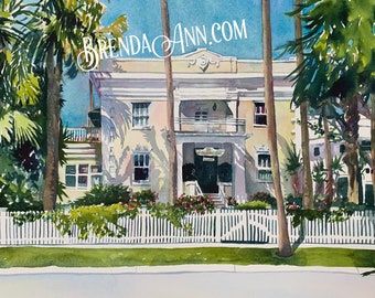 Key West FLA Watercolor Wall Art Print of Weatherstation Inn: Florida Keys Tropical Home Decor Relive Vacation Memories