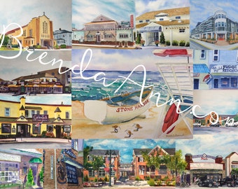 Stone Harbor NJ Watercolor Art: Collage of New Jersey Sights and Attractions Giclee Reproduction Print Great for Wedding Gift or Home Decor