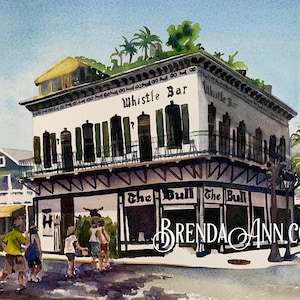 Key West Wall Art Watercolor Print of Bull and Whistle Bar Florida Keys Tropical Home Decor Vibrant Style Relive Vacation Memories