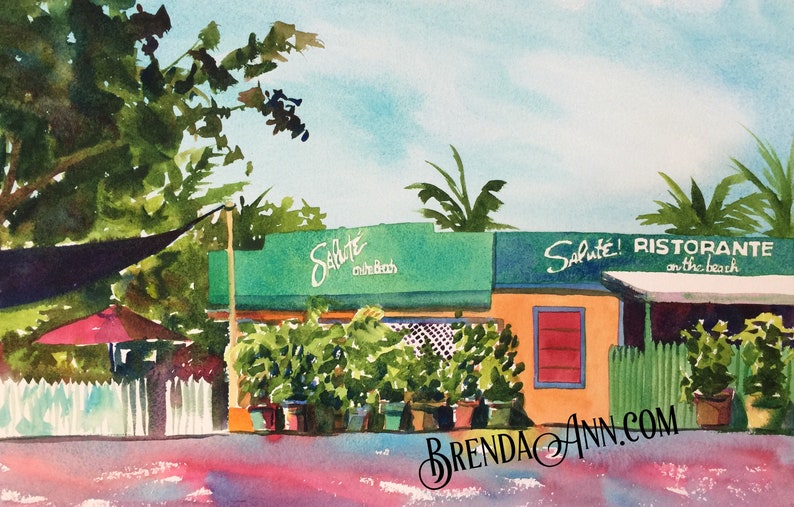 Key West Saluté On The Beach Salute Ristorante Restaurant In Florida Keys Hand Signed Archival Watercolor Print Wall Art By Brenda Ann