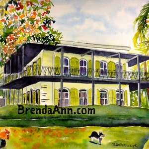Key West FLA Watercolor Wall Art Print of Hemingway Home: Florida Keys Tropical Home Decor Vibrant Style Relive Vacation Memories