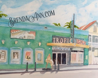 Key West FLA Watercolor Wall Art Print of Tropic Cinema: Florida Keys Tropical Home Decor Vibrant Style Relive Vacation Memories