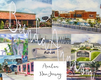 Avalon NJ Watercolor Wall Art Print of New Jersey Shore Scenes and Attractions: Great for Summer Vacation Souvenir, Wedding Gift, Home Decor