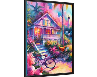 Tropical Cottage Key West Florida Keys Living Room Bedroom Rooster Palm Tree Coastal Home Decor, Matte Canvas Wall Art, Black Frame