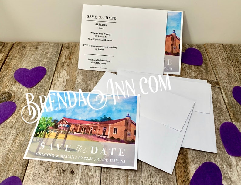 Wedding Save the Date Cards Watercolor Save the Dates by Brenda Ann NJ Willow Creek Winery in Cape May