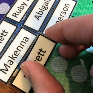 Pu&ograve; includere: Primo piano di una mano che posiziona una carta bianca con il nome "Brett" su una superficie verde. La carta &egrave; una di diverse carte con nomi su di esse, tra cui "Ruby Rose", "Abigail", "Makenna" e "Emerson".