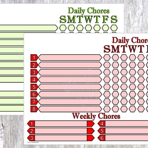 2 gráficos digitales con espacios para tareas diarias y semanales, estilo carta con inicio en domingo, estilo A4 con inicio en lunes, 1 gráfico rojo, 1 gráfico verde